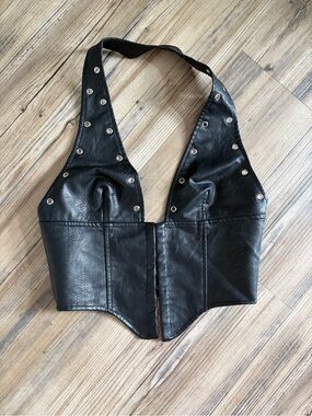 Princess Polly Black Faux Leather Halter Corset Top with Silver Studs